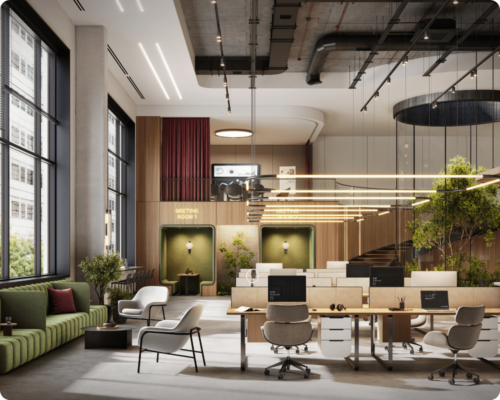 Modern open office layout with ample seating, meeting rooms, and collaboration spaces, demonstrating workplace design and occupancy intelligence for space availability optimization.