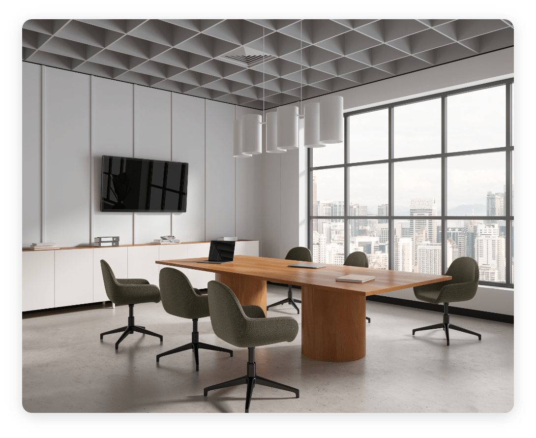 Office meeting room setup in a high-rise building, representing workplace environments suitable for occupancy intelligence and space management solutions.